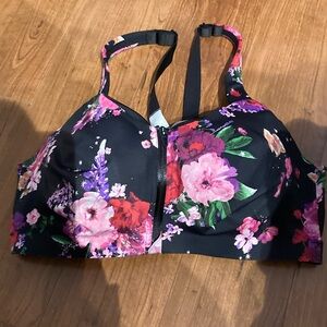 Victoria Secret Floral Front-Zip Sports Bra in Black with Pink & Red Flowers